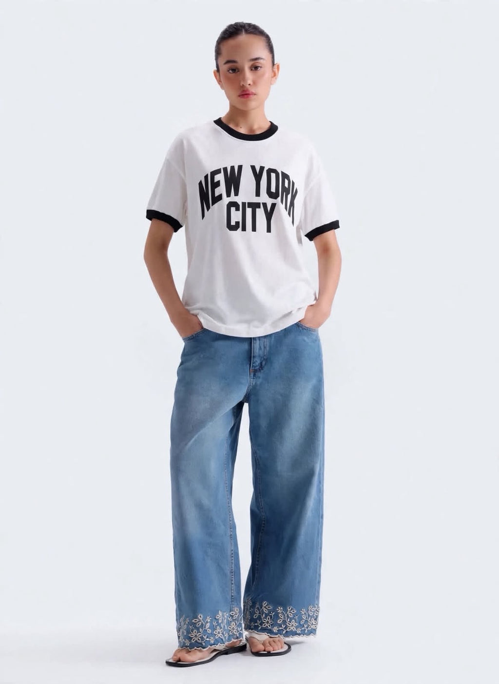 Floral Hem Wide-Leg Jeans