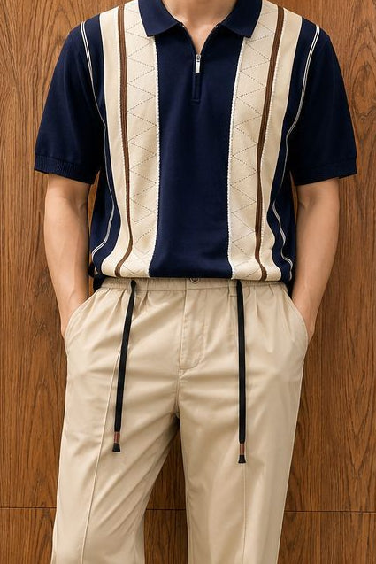 Premium Vintage Knitted Navy Blue Stripe Polo